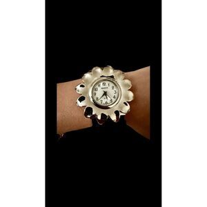 Geneva Elite Black Leather Bangle Band Flower Shaped Quartz Costume Watch 1460